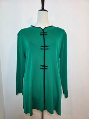 Exclusively Misook Kelly Green Black Toggle Button Sweater L Mandarin Slinky